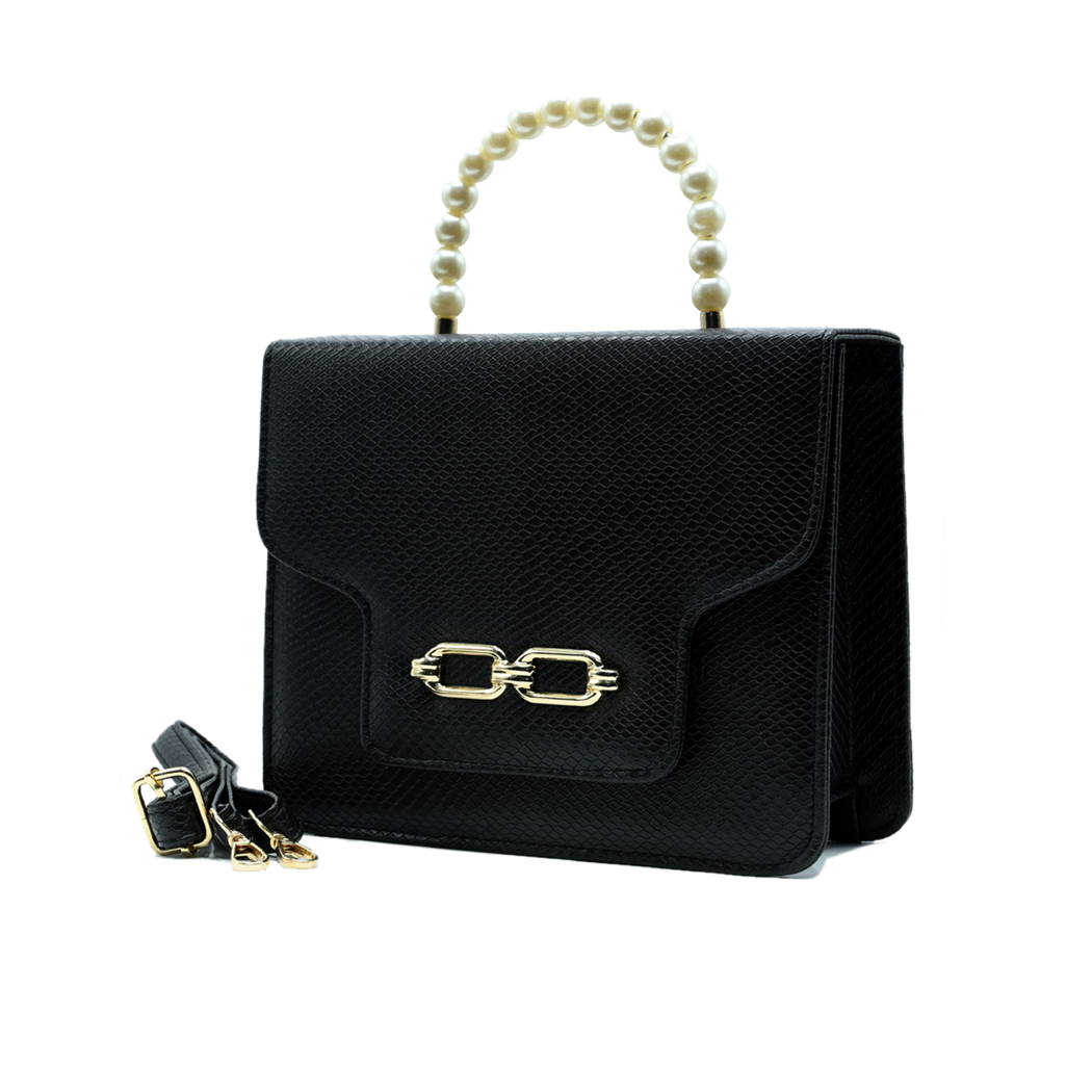 Lustre Pearl Tote – Classic Black Handbag with Pearl Handle