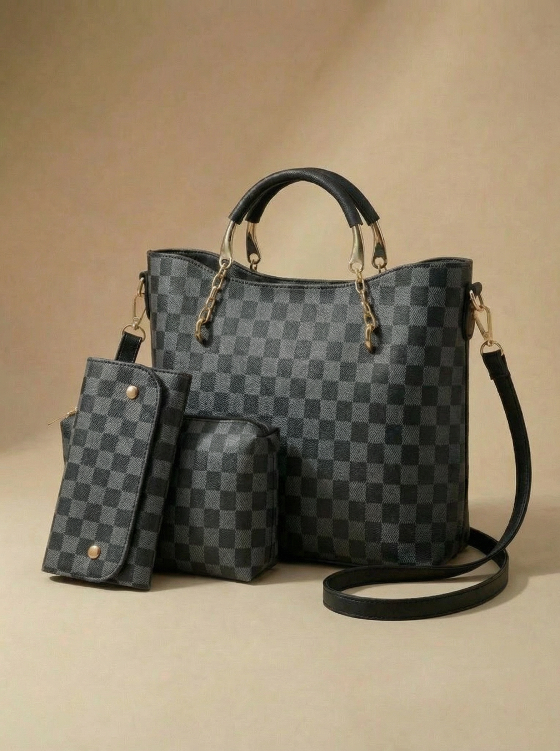 Black Checkered Tote Handbag for Women