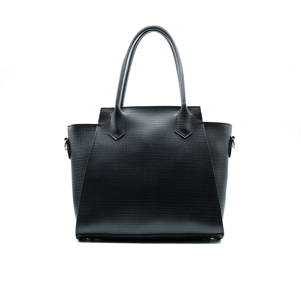 Aurora Box Tote Bag for Women – Black Structured Handbag with Long Strap & Pouch