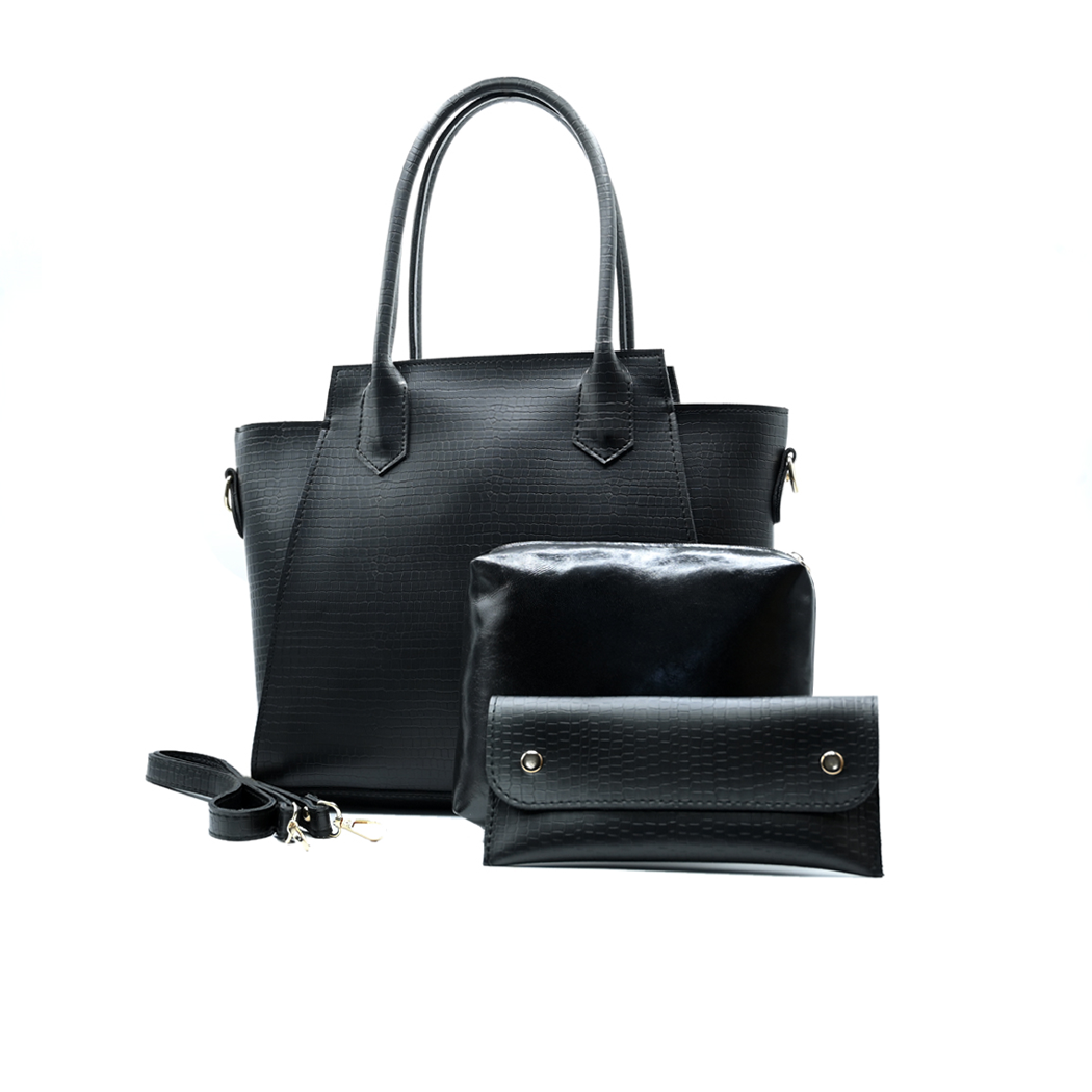 Aurora Box Tote Bag for Women – Black Structured Handbag with Long Strap & Pouch