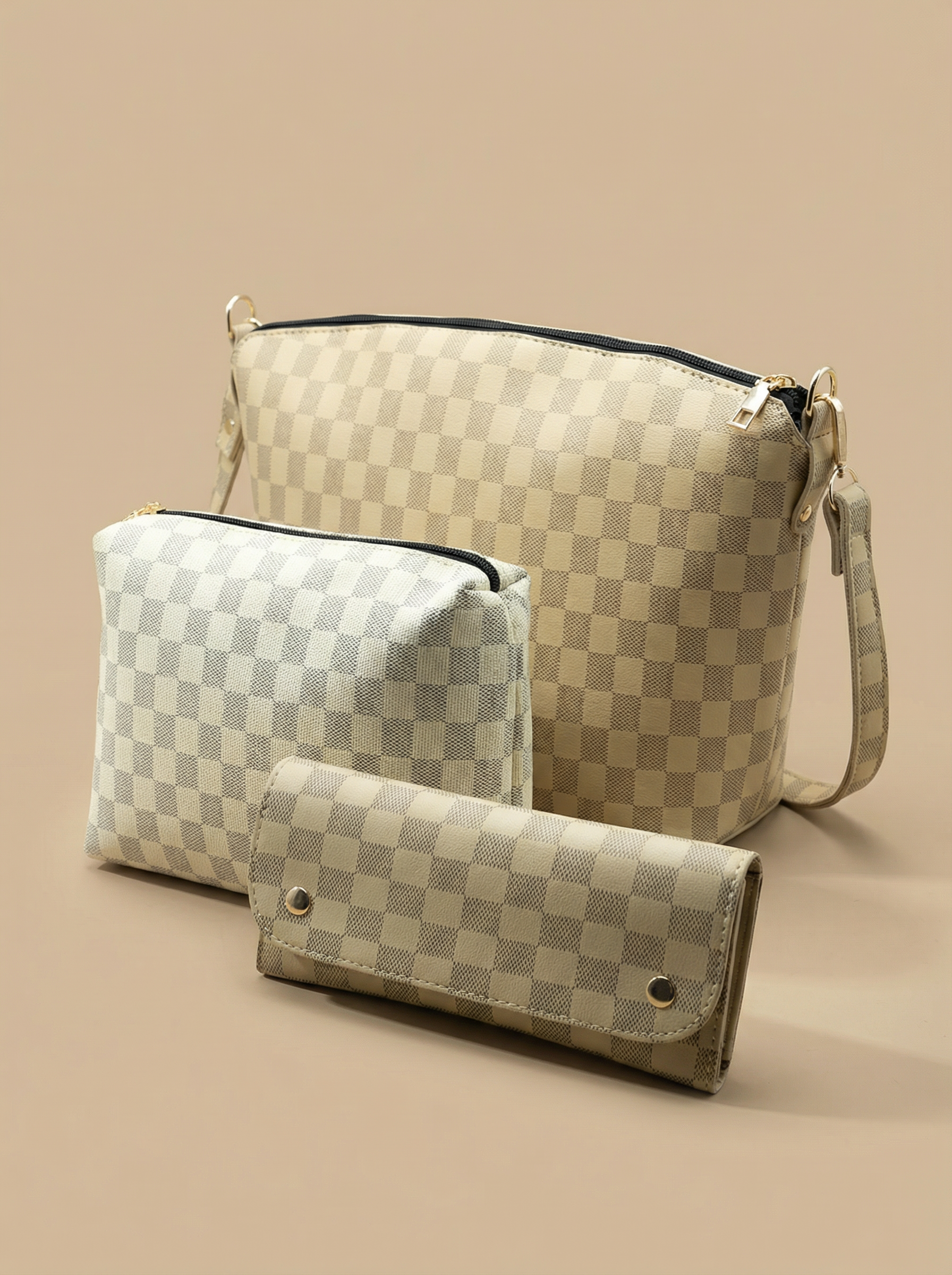 Chroma Check Shoulder Bag – Camel Checkered Handbag with Long Strap