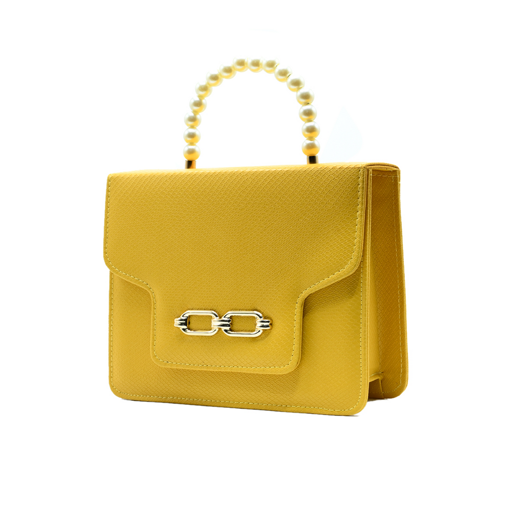 Lustre Pearl Tote – Vibrant Yellow Handbag with Pearl Handle