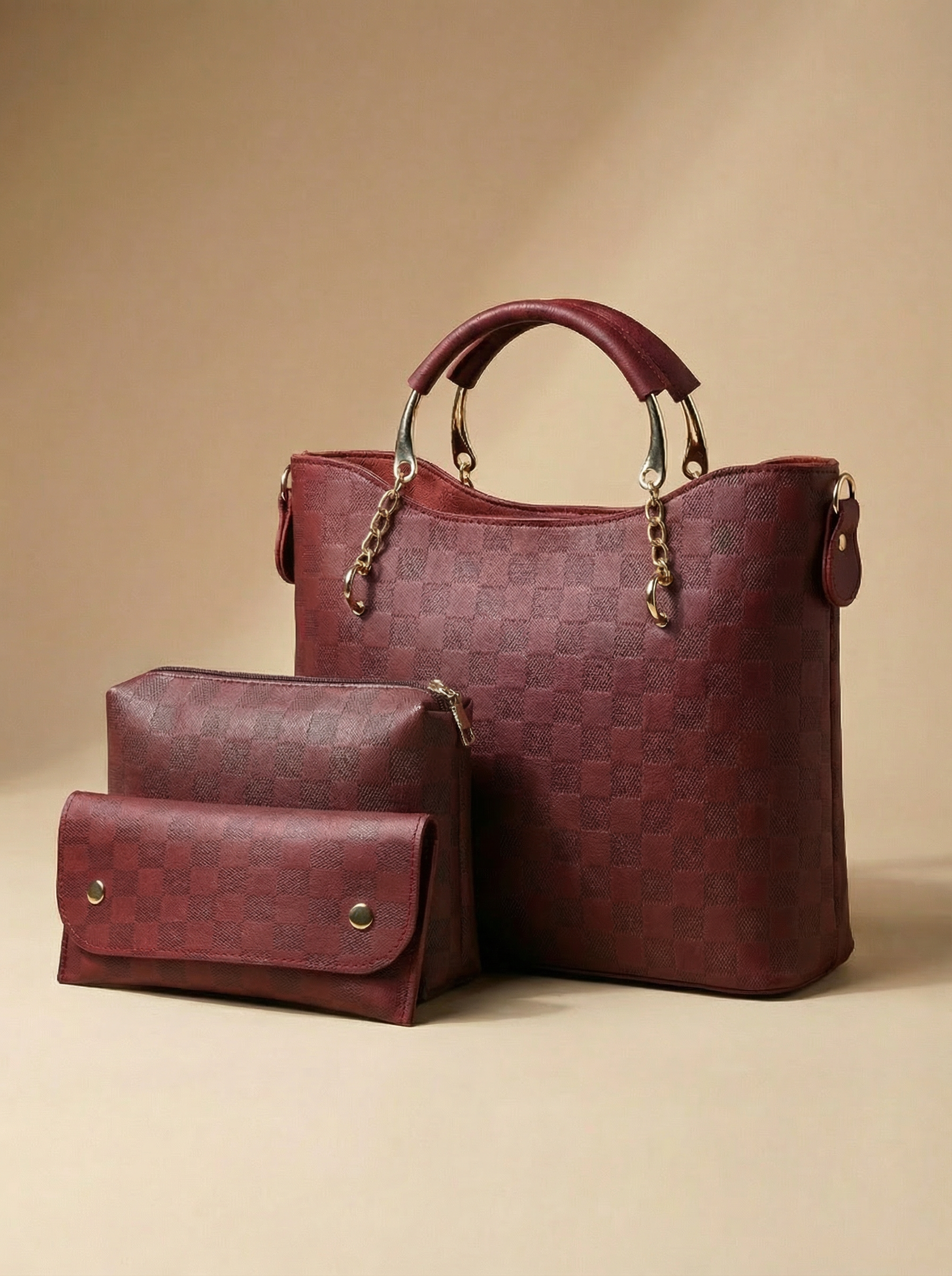 Maroon Checkered Tote Handbag for Women