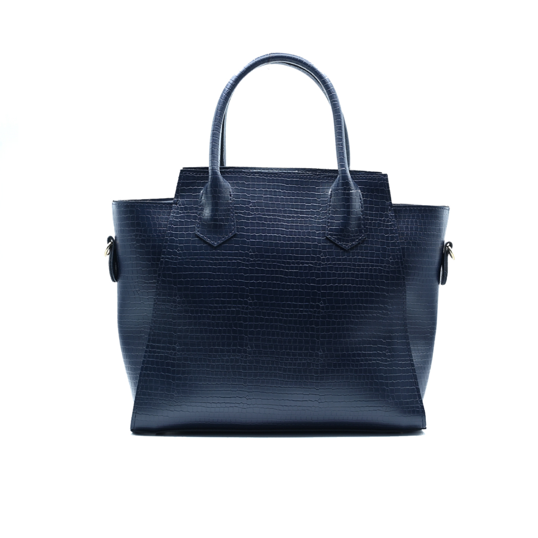 Aurora Box Tote Bag for Women – Navy Blue Structured Handbag with Long Strap & Pouch