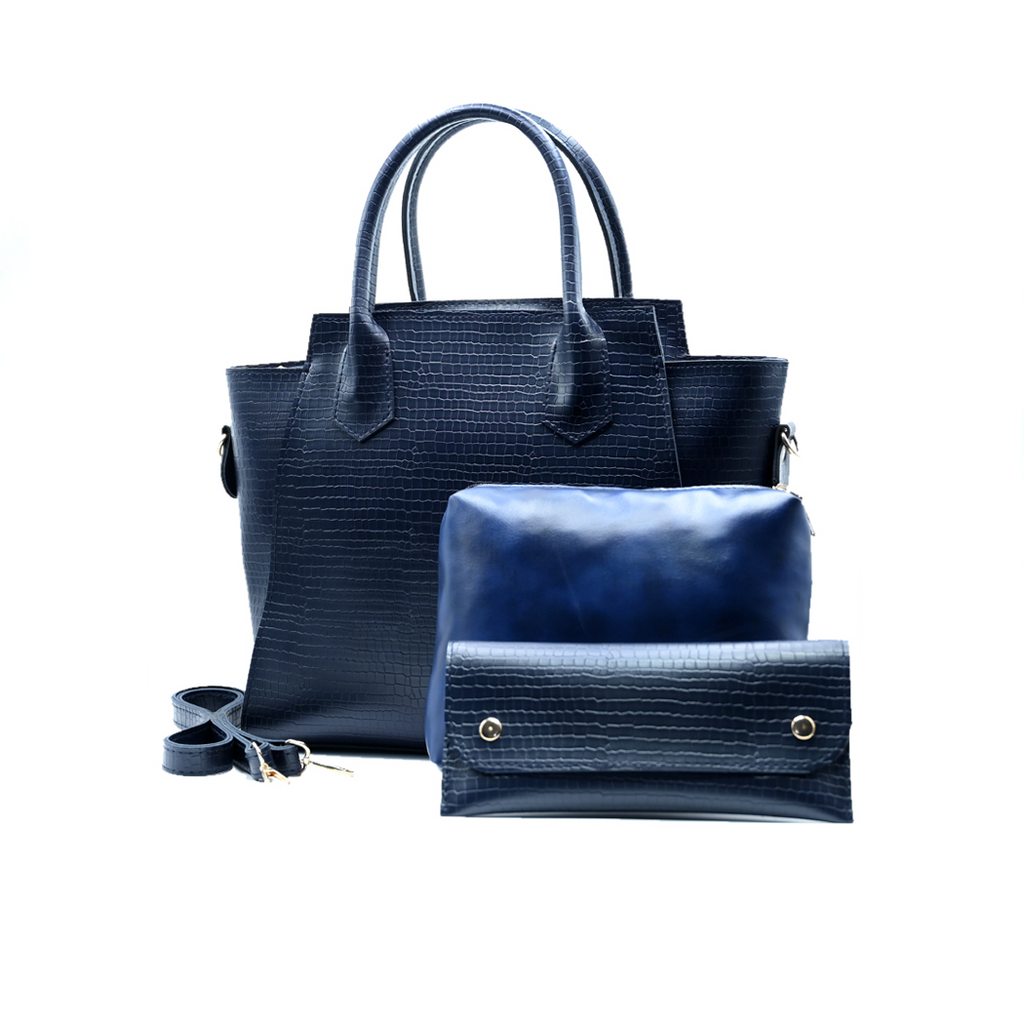 Aurora Box Tote Bag for Women – Navy Blue Structured Handbag with Long Strap & Pouch