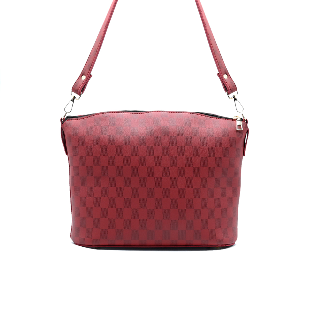 Chroma Check Shoulder Bag – Maroon Checkered Handbag with Long Strap