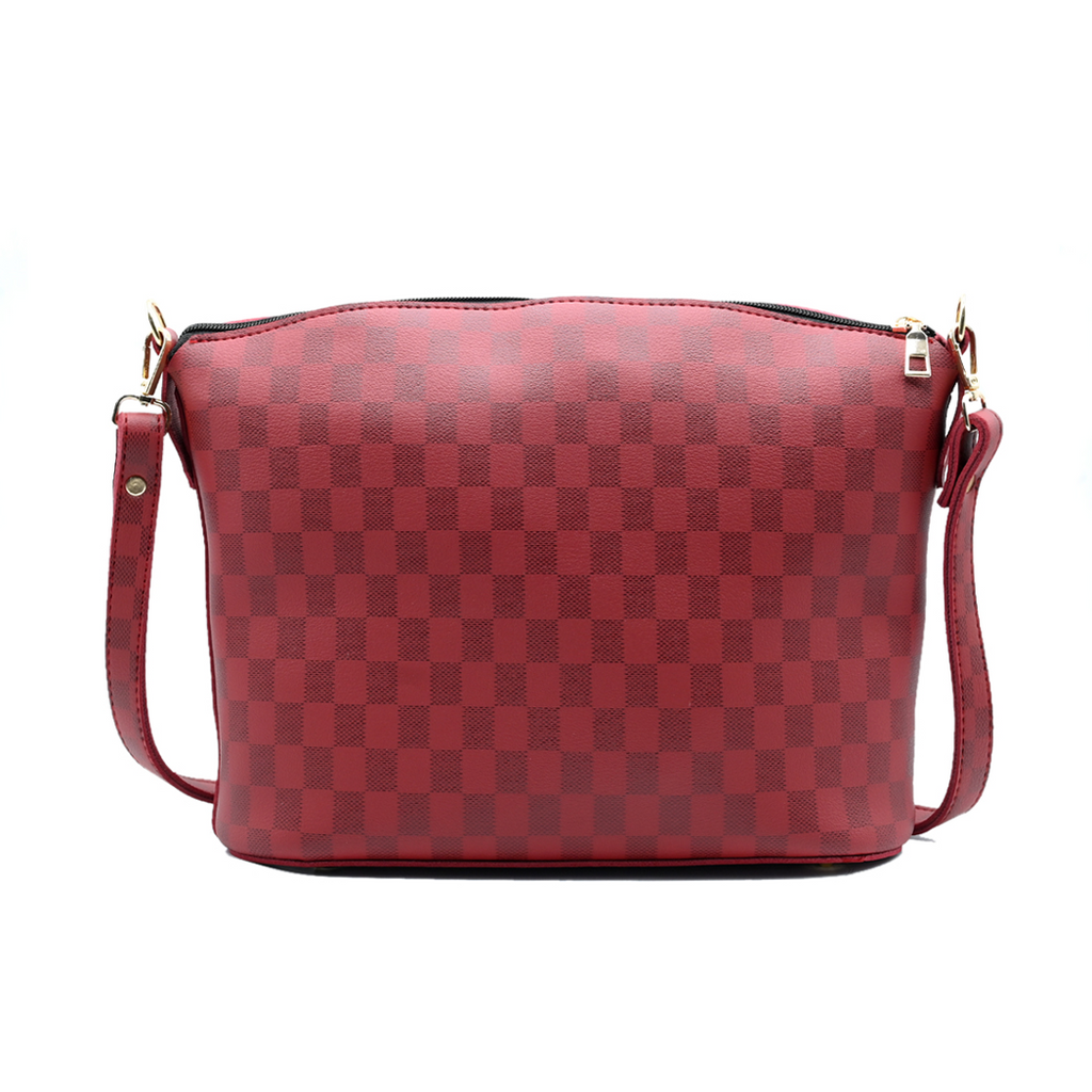 Chroma Check Shoulder Bag – Maroon Checkered Handbag with Long Strap