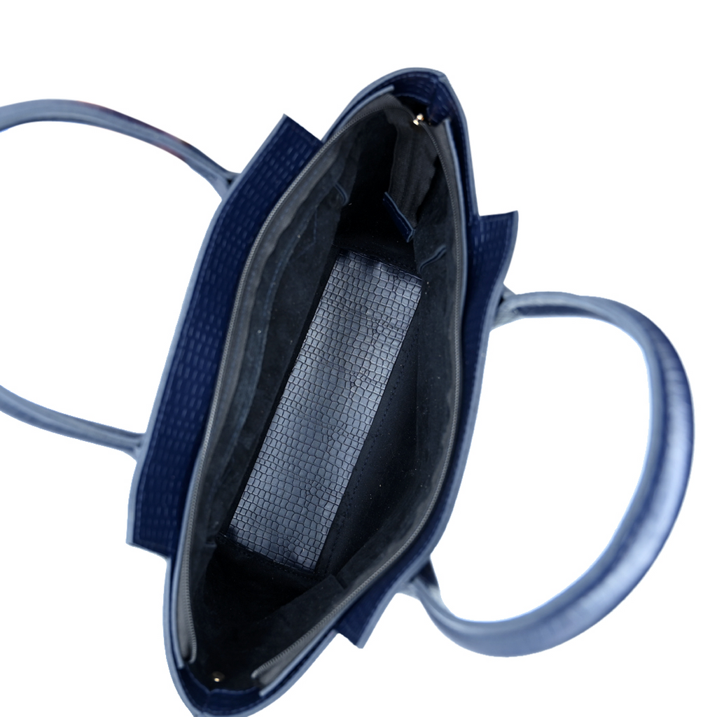 Aurora Box Tote Bag for Women – Navy Blue Structured Handbag with Long Strap & Pouch