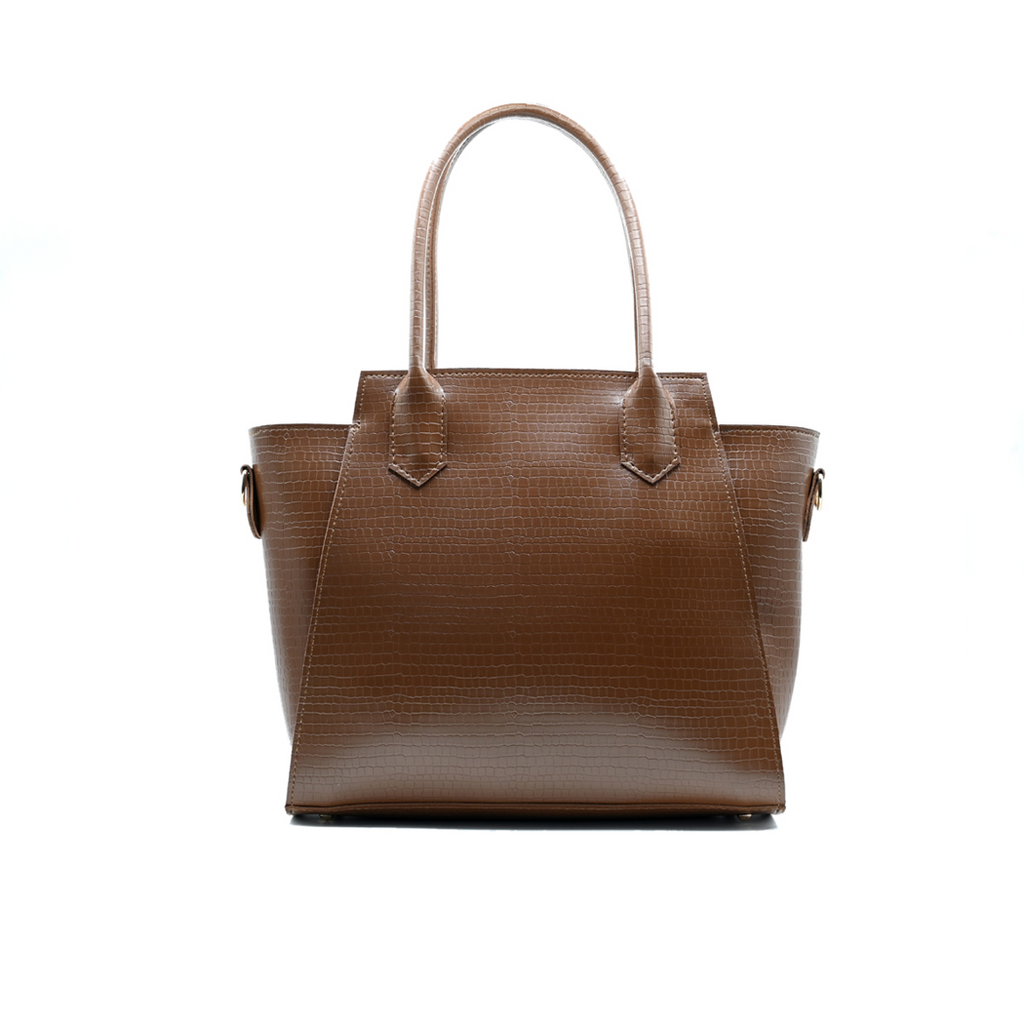 Aurora Box Tote Bag for Women – Brown Croc-Embossed Structured Handbag with Long Strap & Pouch