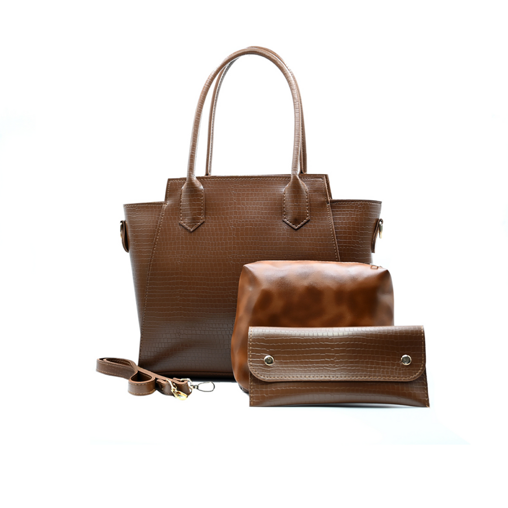 Aurora Box Tote Bag for Women – Brown Croc-Embossed Structured Handbag with Long Strap & Pouch