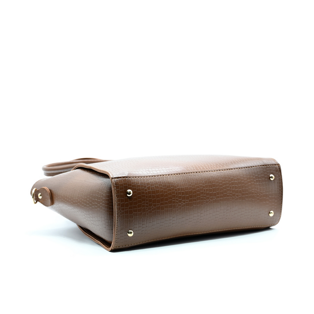Aurora Box Tote Bag for Women – Brown Croc-Embossed Structured Handbag with Long Strap & Pouch