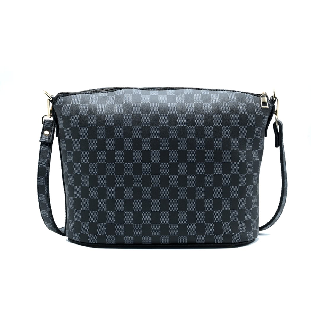 Chroma Check Shoulder Bag – Elegant Black Checkered Handbag with Long Strap