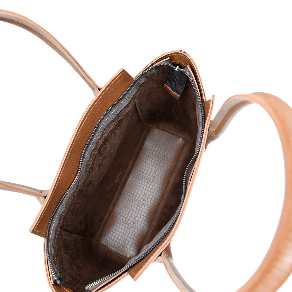 Aurora Box Tote Bag for Women – Brown Croc-Embossed Structured Handbag with Long Strap & Pouch