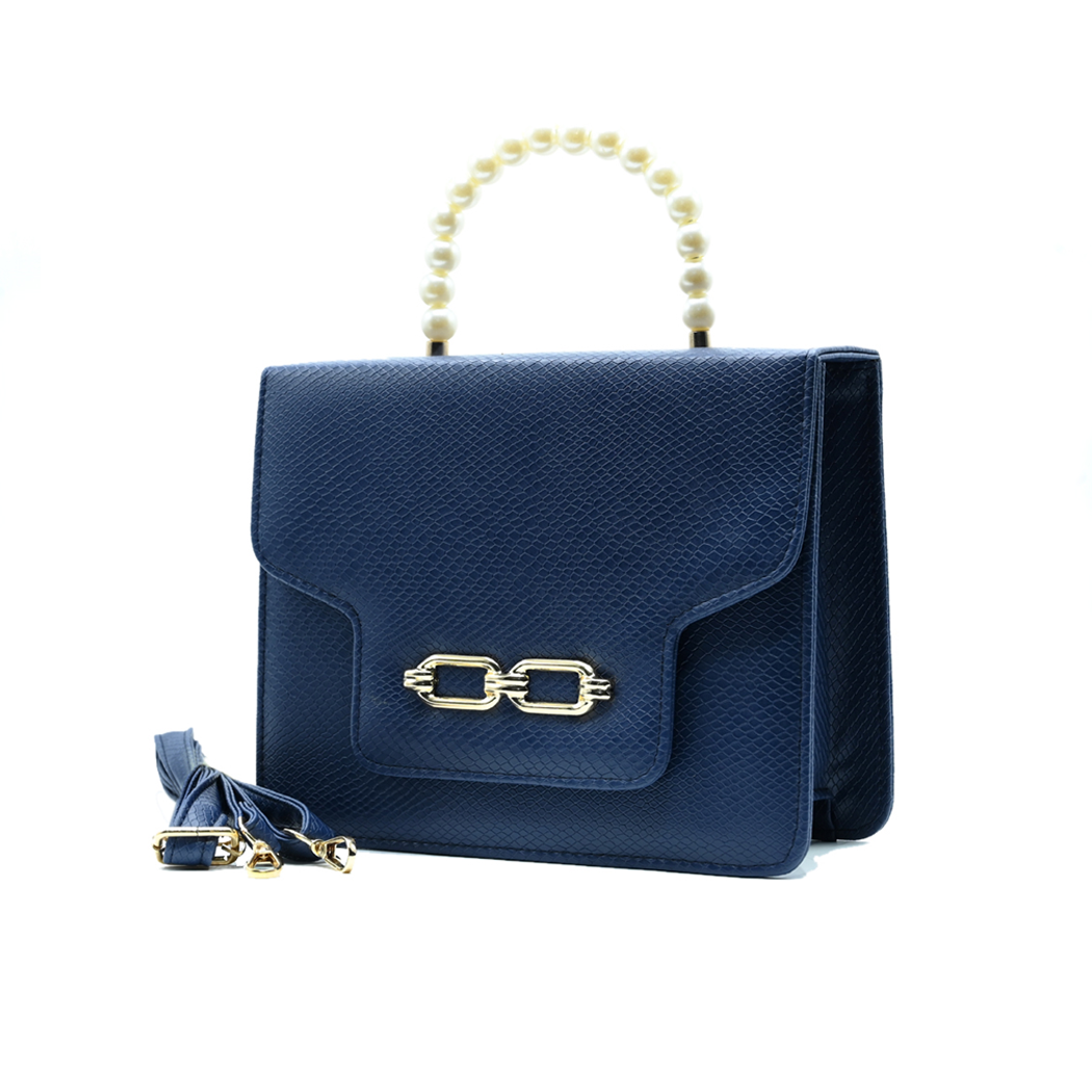 Lustre Pearl Tote – Chic Navy Blue Handbag with Pearl Handle