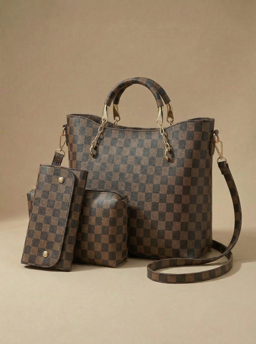 Dark Brown Checkered Tote Handbag for Women