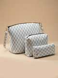 Chroma Check Shoulder Bag – Elegant White Checkered Handbag with Long Strap