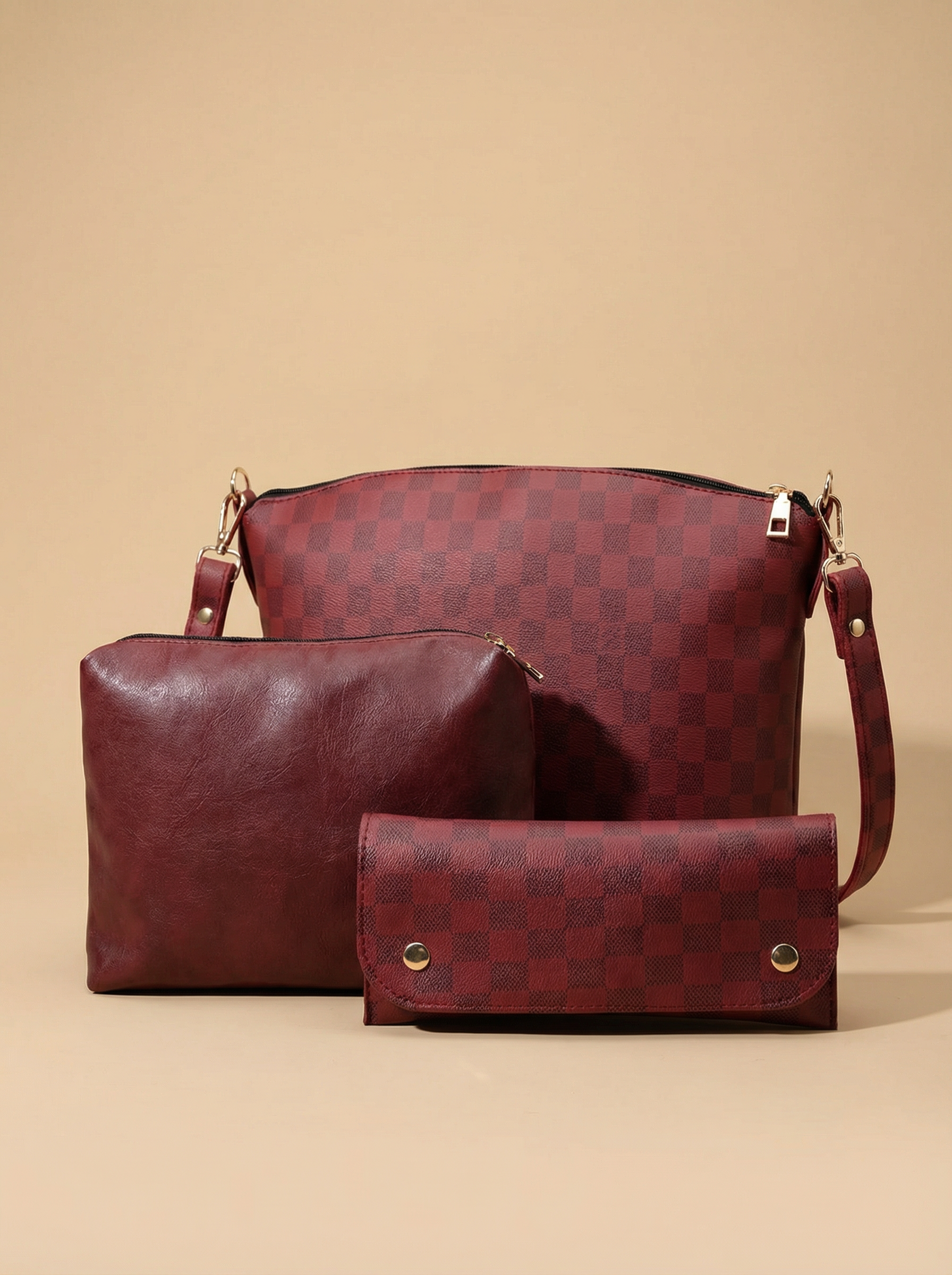 Chroma Check Shoulder Bag – Maroon Checkered Handbag with Long Strap