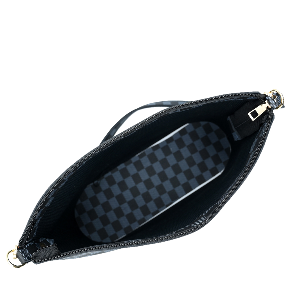 Chroma Check Shoulder Bag – Elegant Black Checkered Handbag with Long Strap