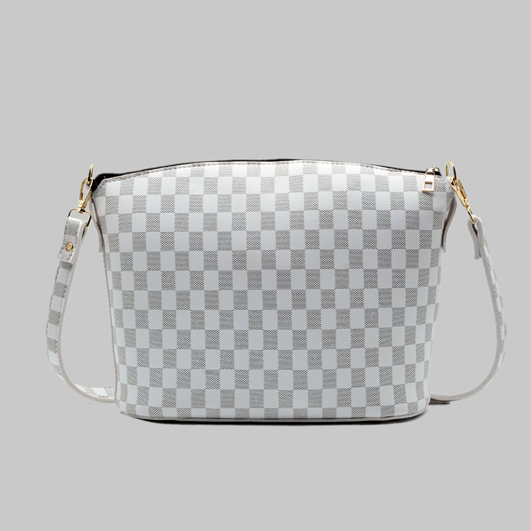 Chroma Check Shoulder Bag – Elegant White Checkered Handbag with Long Strap