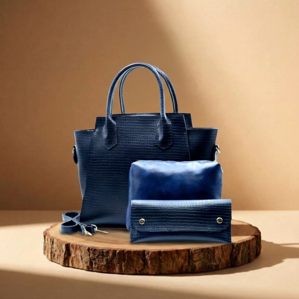 Aurora Box Tote Bag for Women – Navy Blue Structured Handbag with Long Strap & Pouch