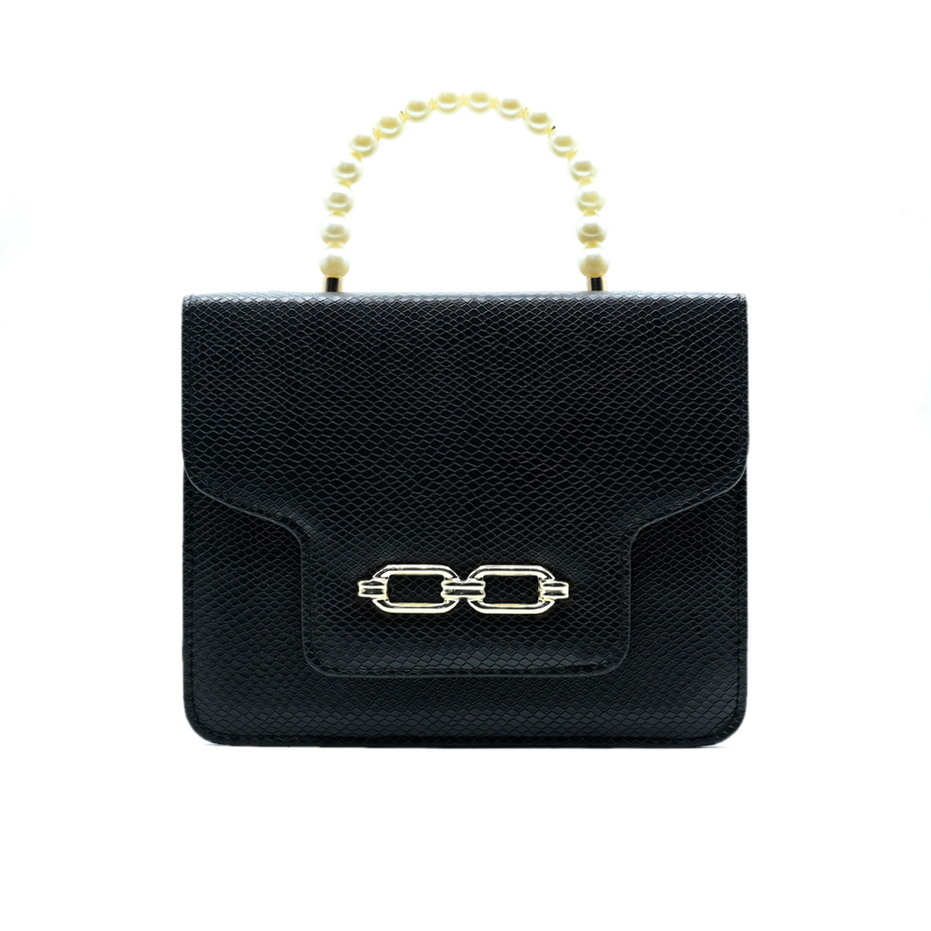 Lustre Pearl Tote – Classic Black Handbag with Pearl Handle
