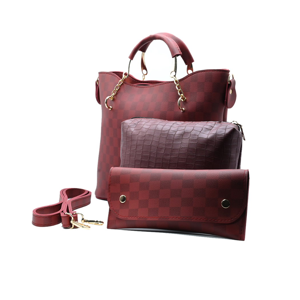 Maroon Checkered Tote Handbag for Women