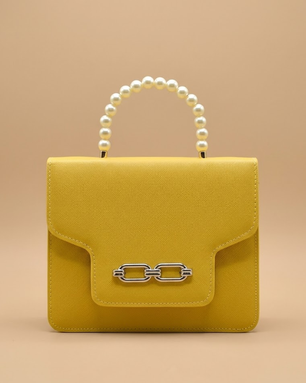Lustre Pearl Tote – Vibrant Yellow Handbag with Pearl Handle