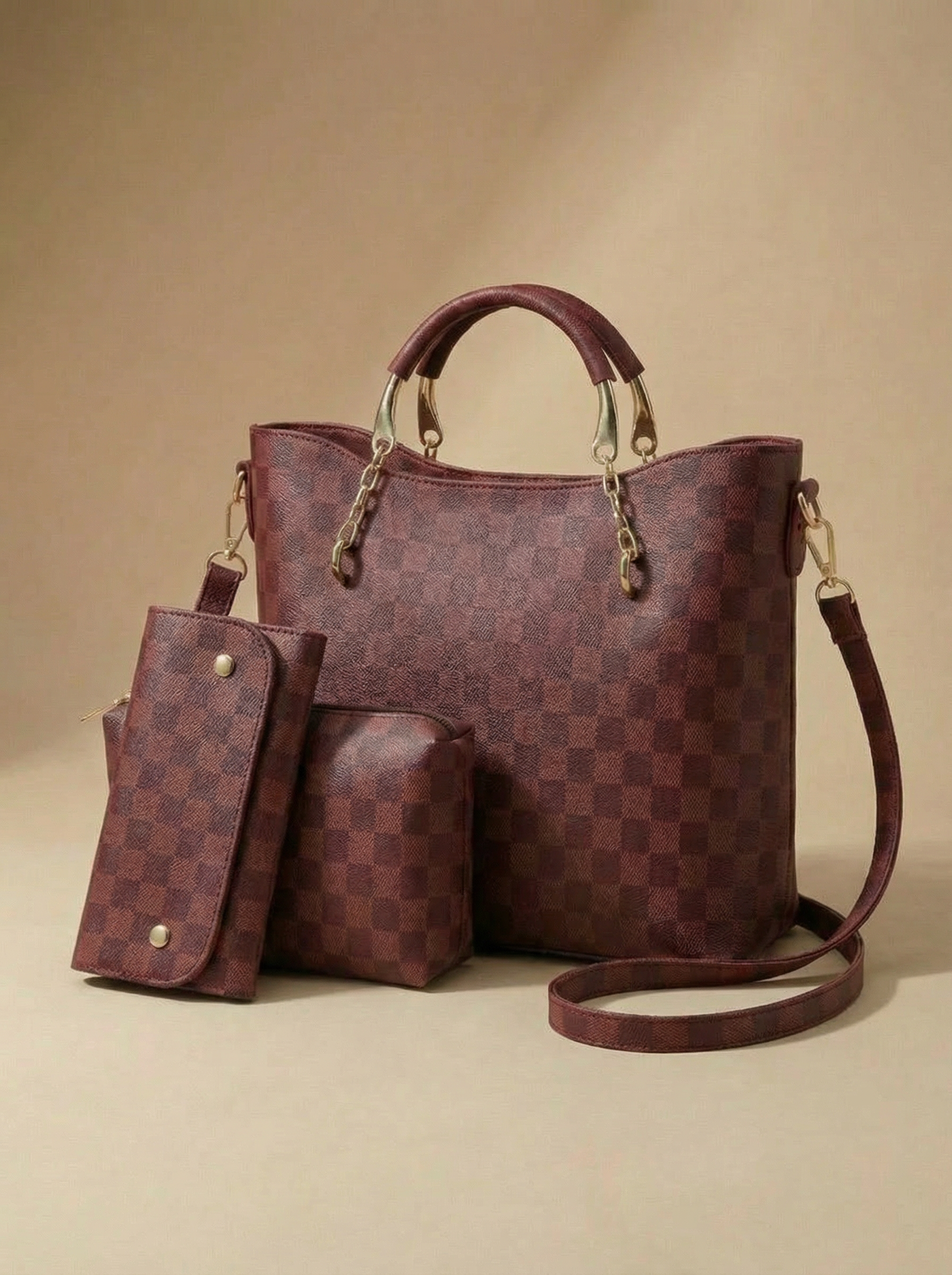 Maroon Checkered Tote Handbag for Women