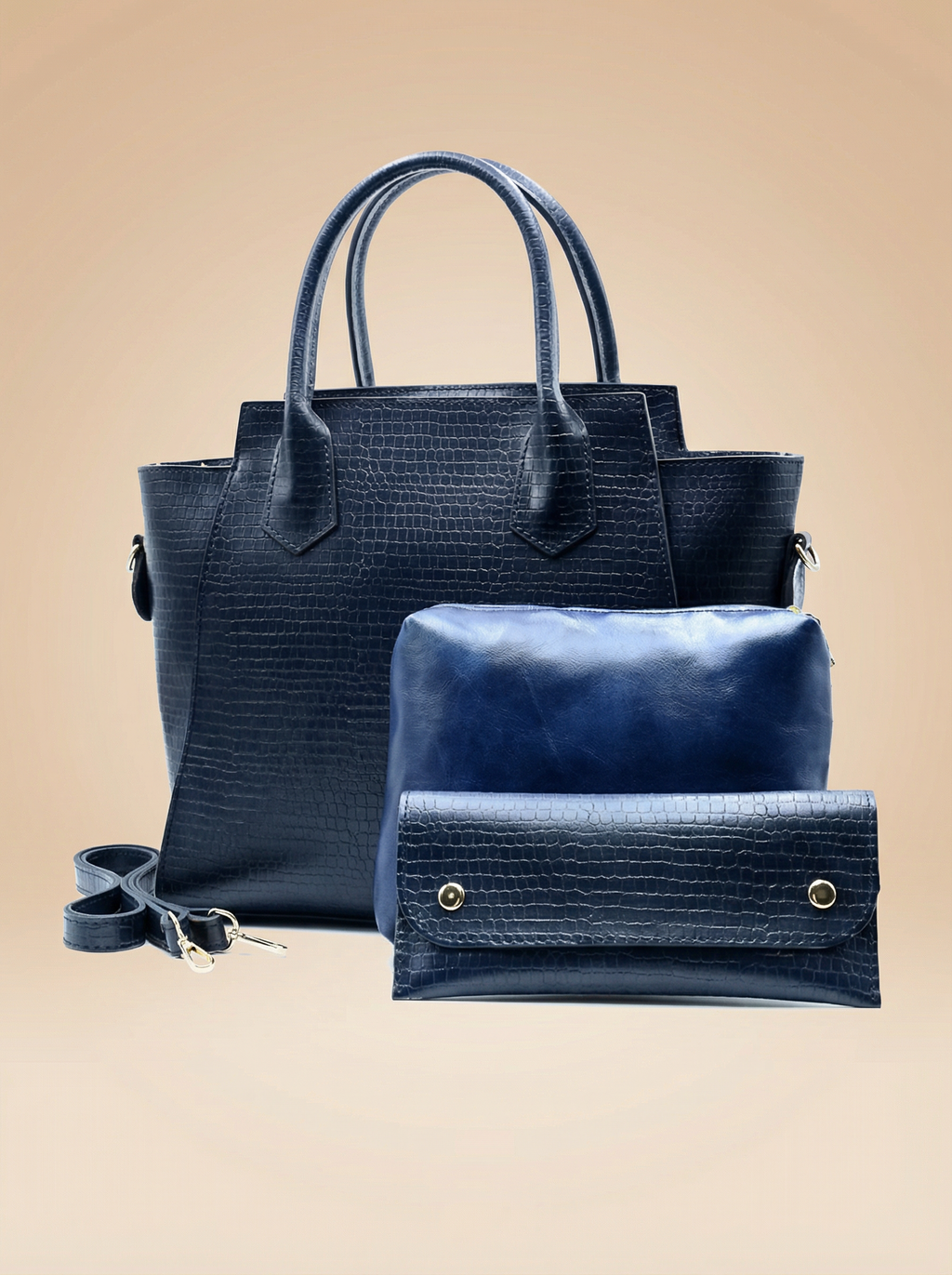 Aurora Box Tote Bag for Women – Navy Blue Structured Handbag with Long Strap & Pouch