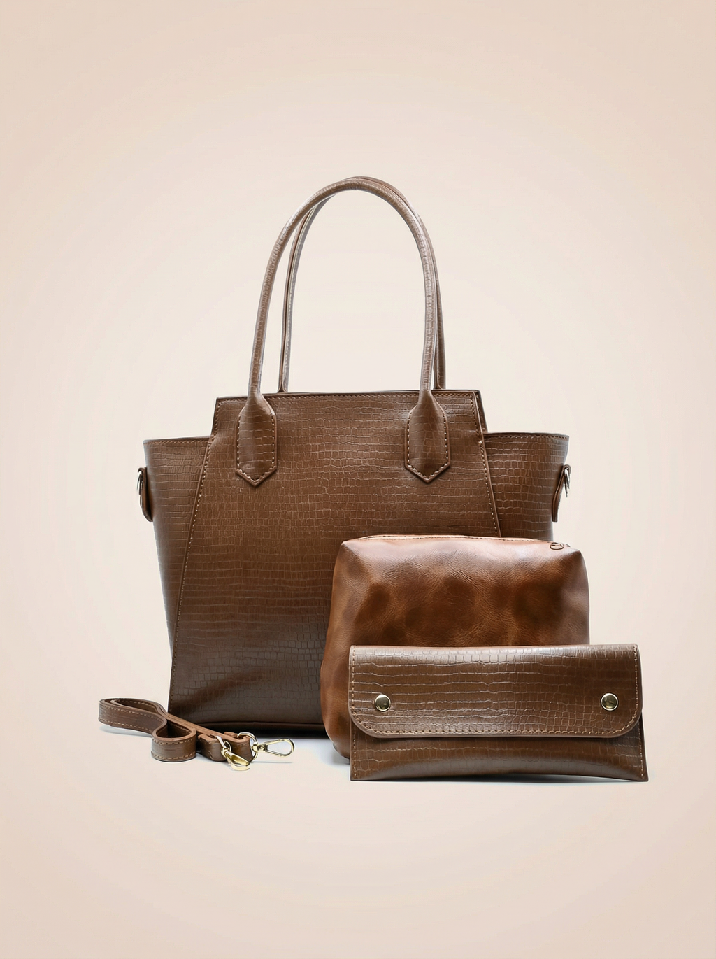 Aurora Box Tote Bag for Women – Brown Croc-Embossed Structured Handbag with Long Strap & Pouch