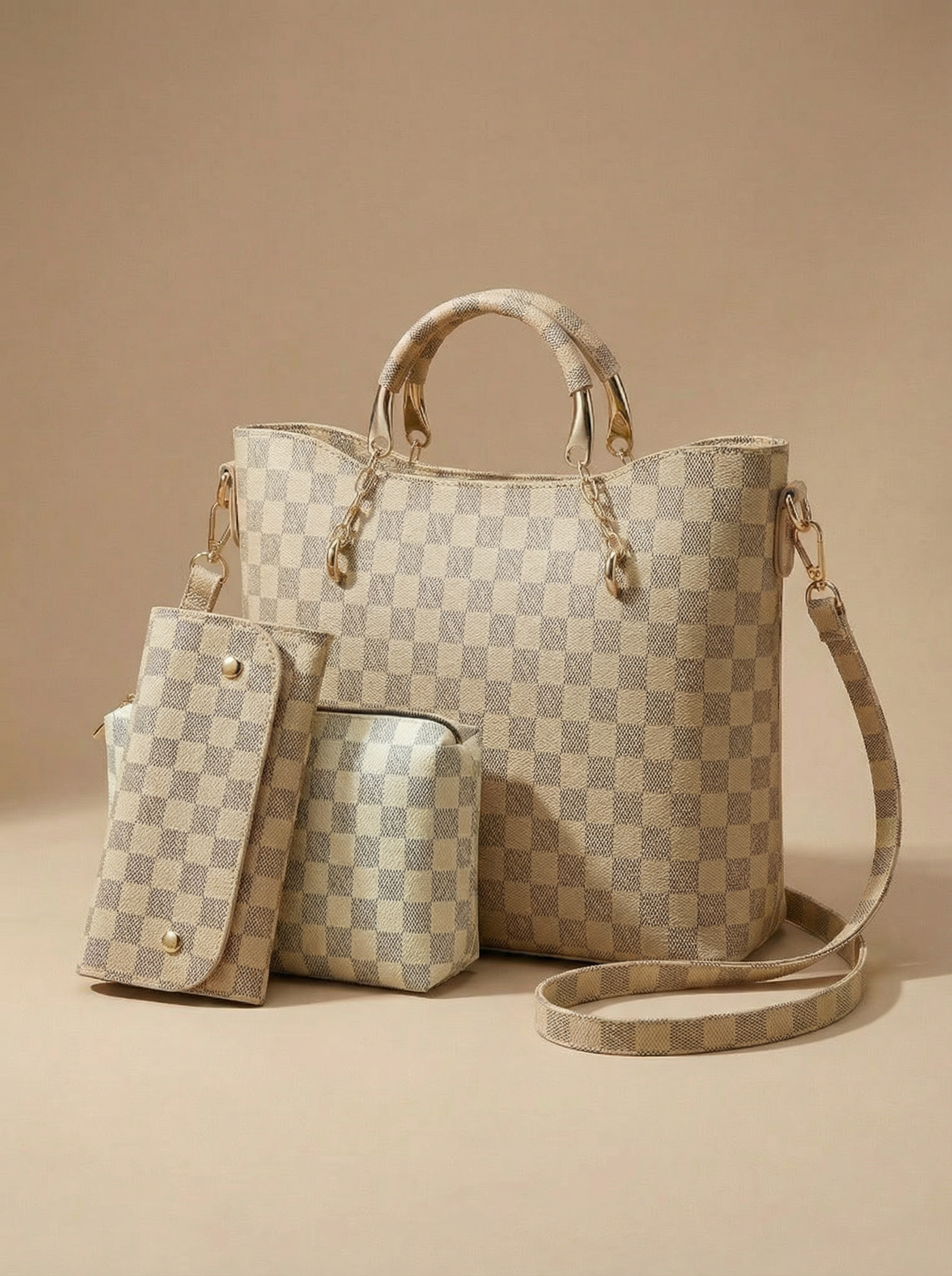 Camel Checkered Tote Handbag for Women
